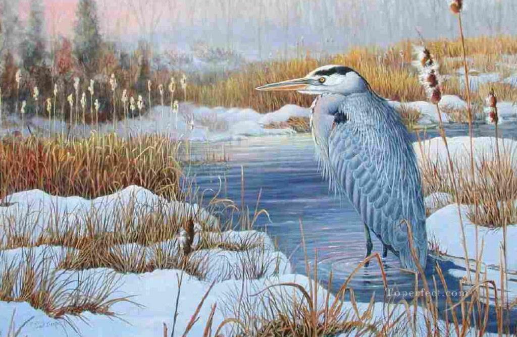 oiseau dans l’eau hiver neige Peintures à l'huile